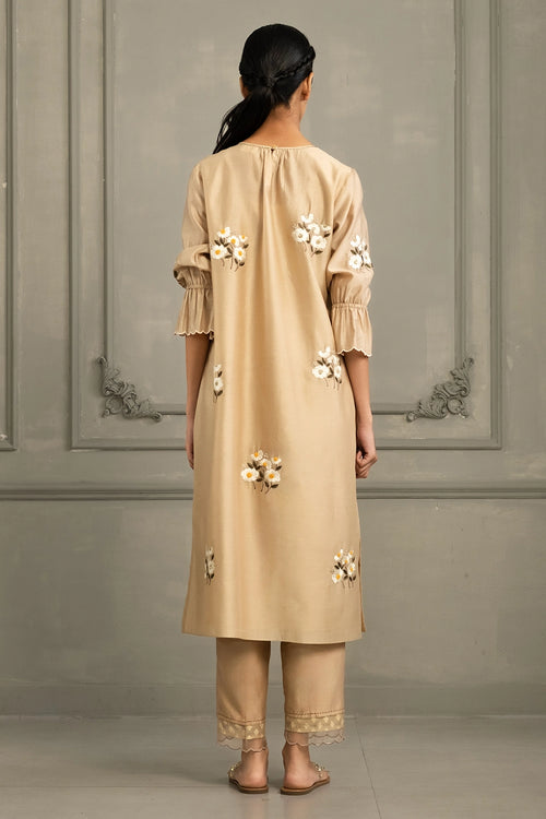 Beige Chanderi Embroidered Tunic Set