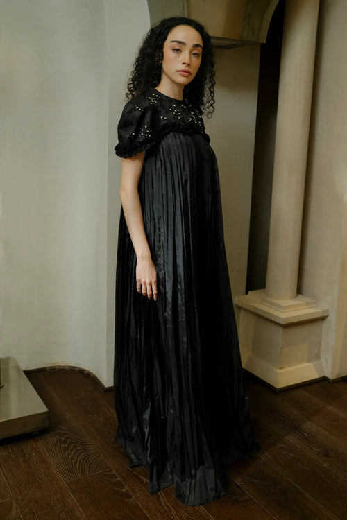 Black Jacquard Organza Embellished Flowy Dress