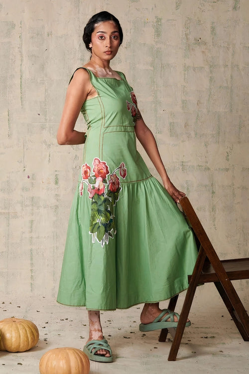 Green Rose Applique Dress