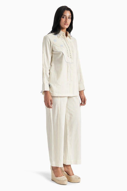 Beige Soft Cotton Curve Pleated Shirt And Pants Set