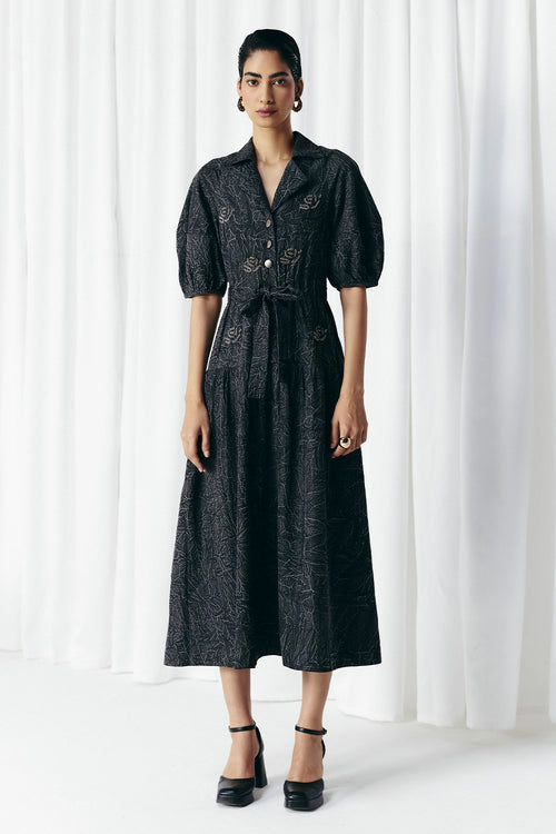 Black Washed Denim Embellished Dress