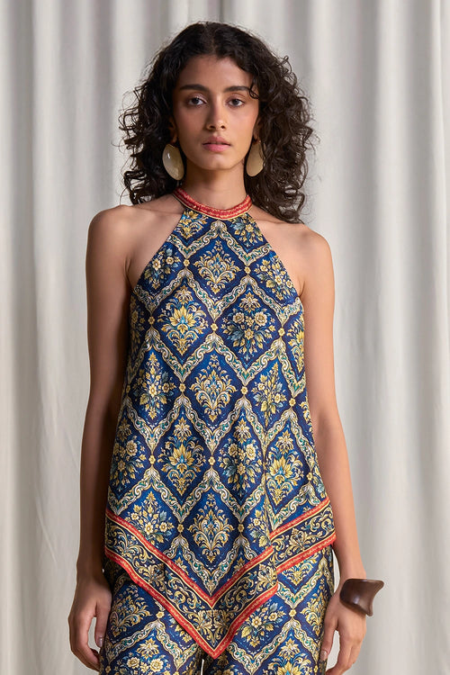 Halter Neck Scarf Print Top With Pant Set