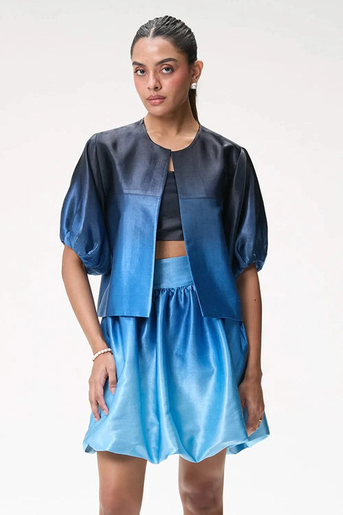 Midnight Blue Ombré Bubble Sleeve Crop Jacket with Mini Bubble Skirt