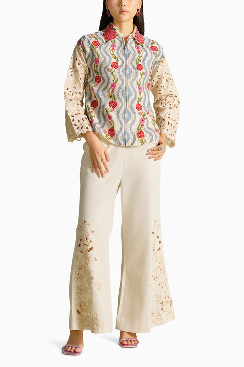 Ivory Striped Florals Short Jacket Set