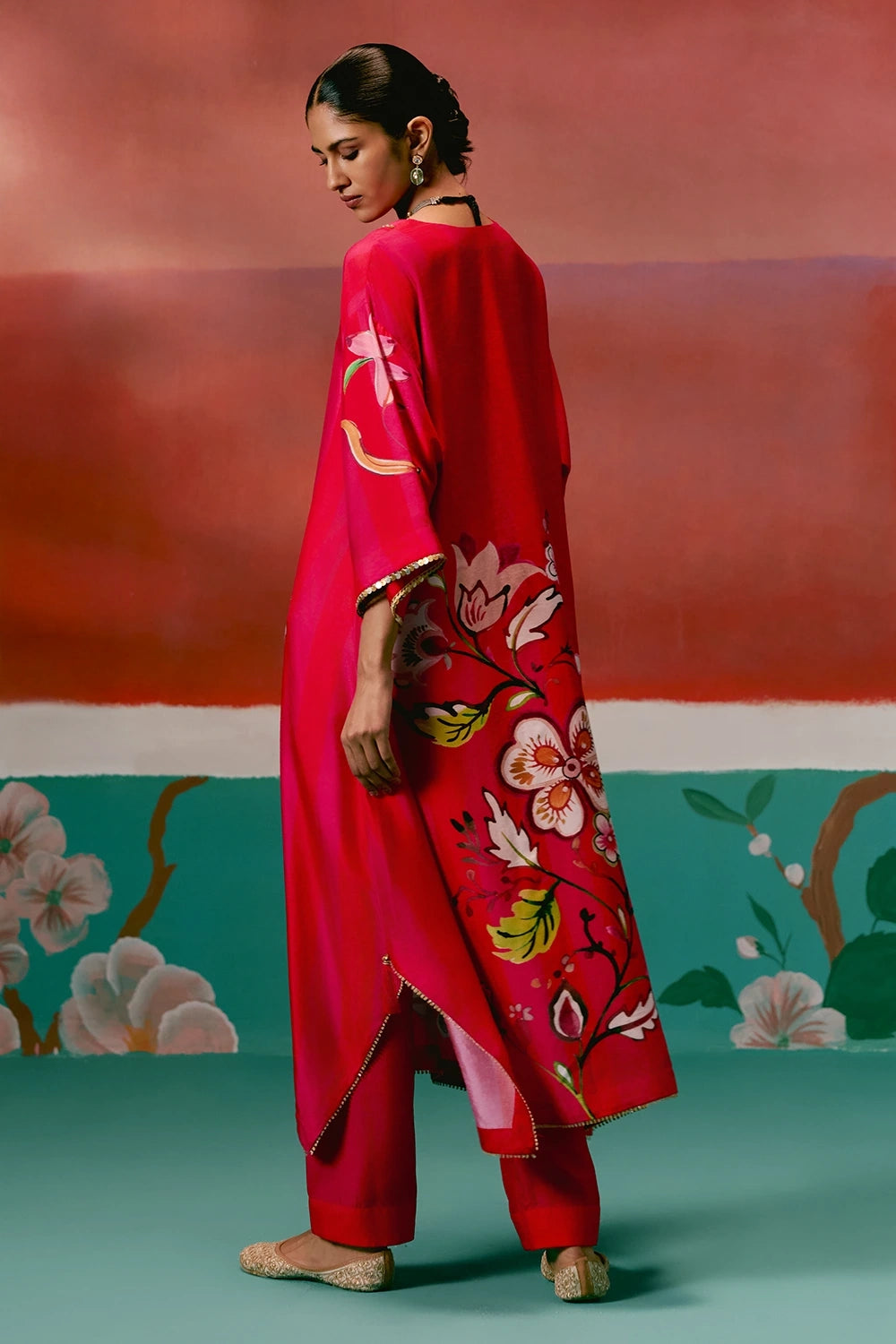 Fuschia Striped Floral Kaftan Set