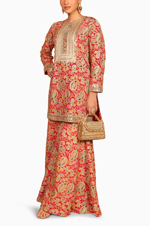 Tomato Red Elizey Paisley Embroidered Sharara Set