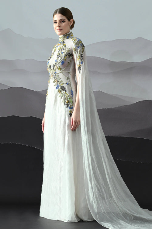 Ivory Gown With Hand-Embroidered Florals And Ethereal Overlay