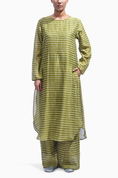 Green Block Printed Kurta Set