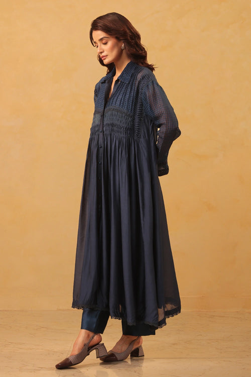 Vaayu Dark Blue Pintuck Collar Kurta Set