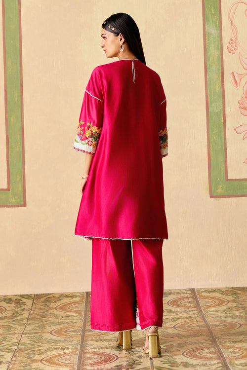 Fuchsia and Ivory Panelled Short Kurta with Flared Pants