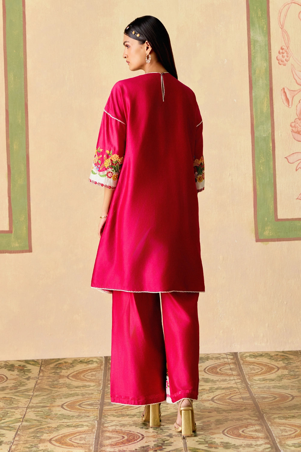 Fuchsia and Ivory Panelled Short Kurta with Flared Pants
