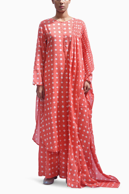 Blush Coral Mud Block Cotton Kasis Kurta Set