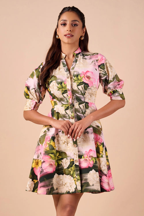 Light Multi Smudge Mini Shirt Dress