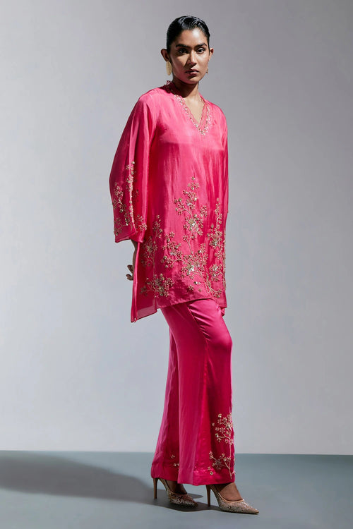 Raspberry Floral Embroidered Silk Co-ord Set