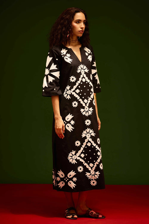 Black Cotton Maxi Dress with Thread Embroidery