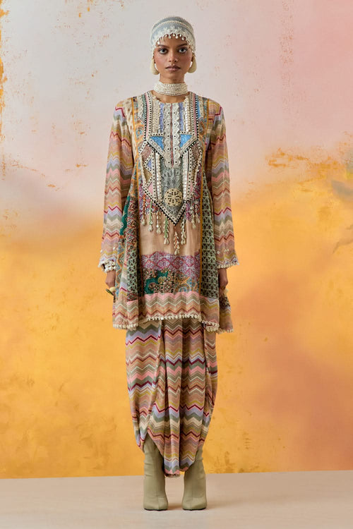 Multi Mural Afghan Tunic with Drape Trouser Set