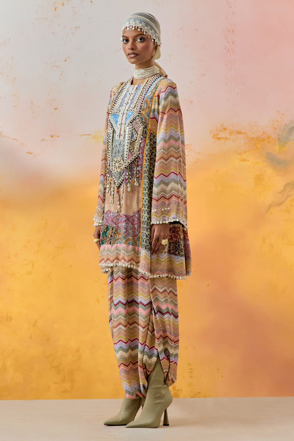 Multi Mural Afghan Tunic with Drape Trouser Set