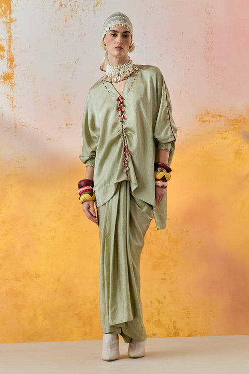 Jade Mural Kuru Trapeze Kurta With Drape Trouser Set