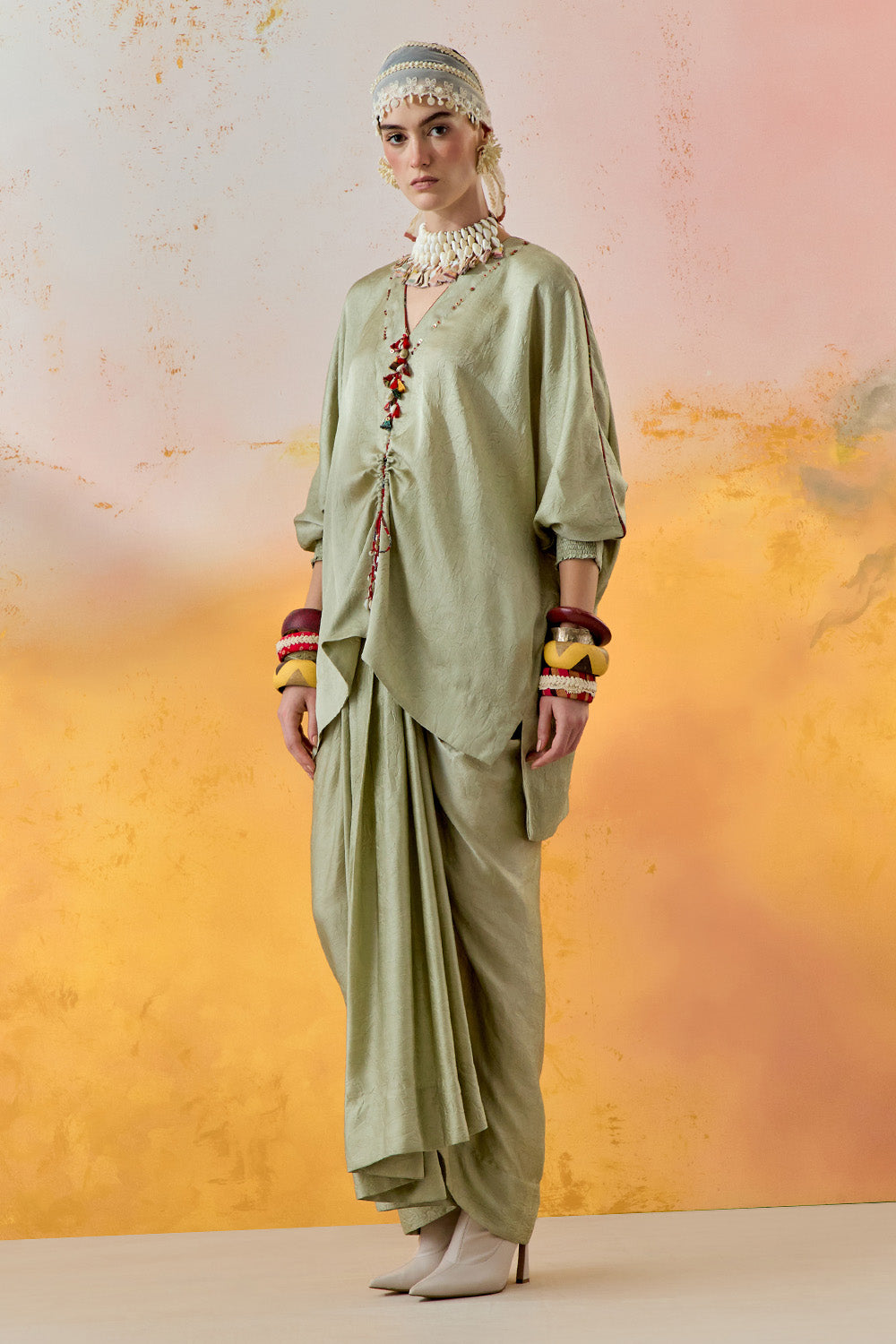 Jade Mural Kuru Trapeze Kurta With Drape Trouser Set