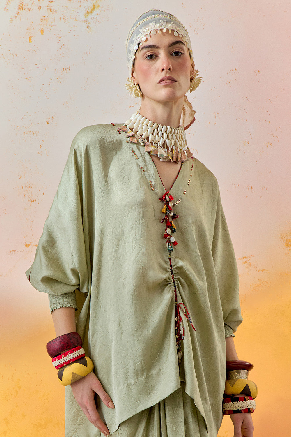 Jade Mural Kuru Trapeze Kurta With Drape Trouser Set