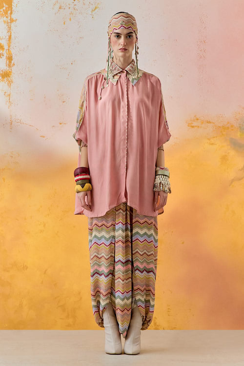 Shell Pink Mural Mandala Shirt with Drape Trouser Set