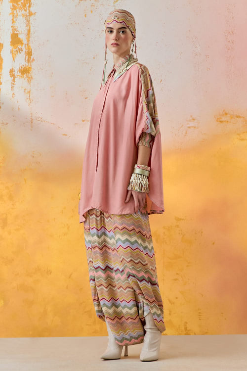 Shell Pink Mural Mandala Shirt with Drape Trouser Set