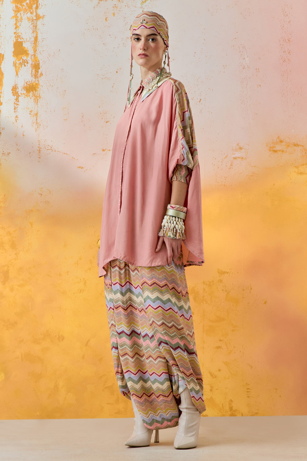 Shell Pink Mural Mandala Shirt with Drape Trouser Set