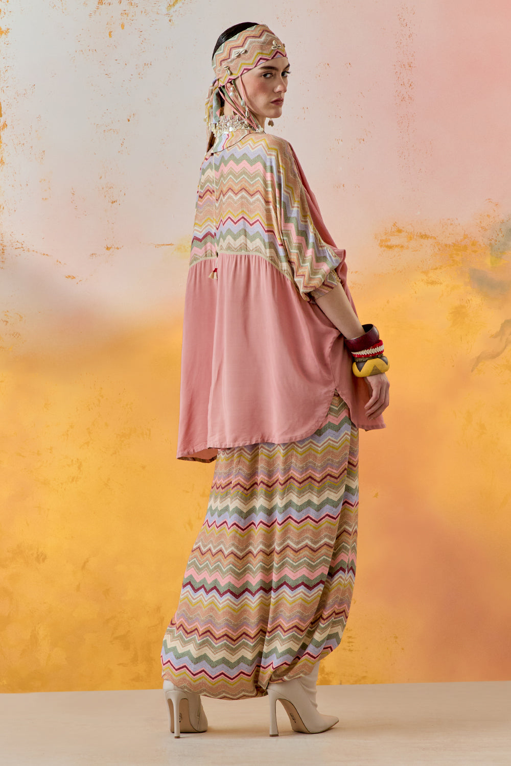 Shell Pink Mural Mandala Shirt with Drape Trouser Set