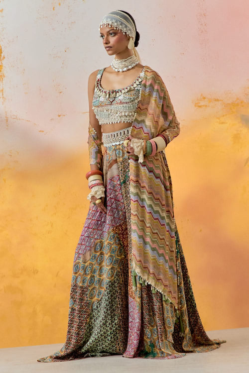 Multi Mural Kalpa Blouse with Skirt and Dupatta Set