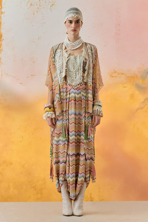 Multi Mural Noori Double Breasted Jacket with Blouse and Drape Trouser
