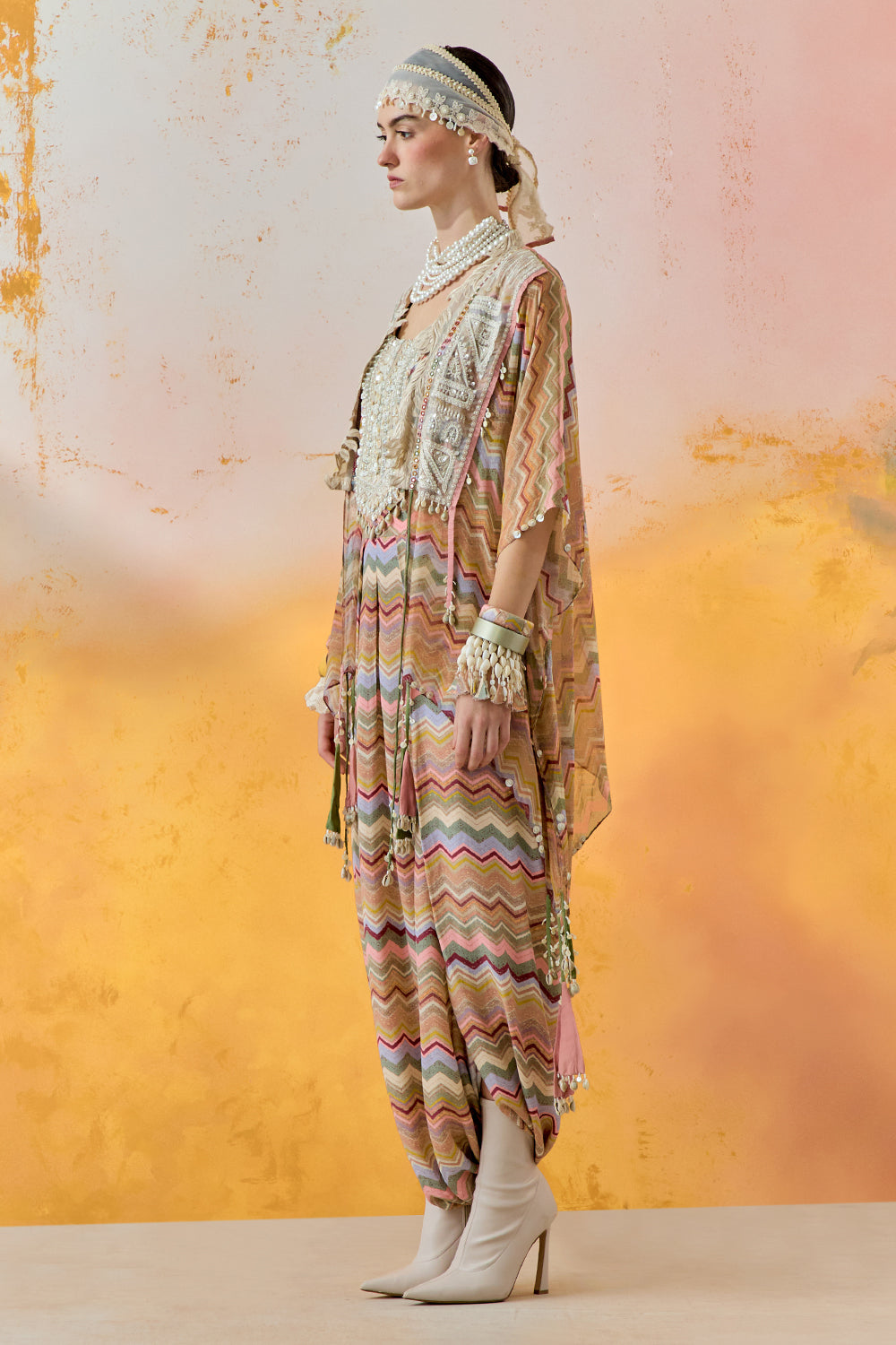 Multi Mural Noori Double Breasted Jacket with Blouse and Drape Trouser