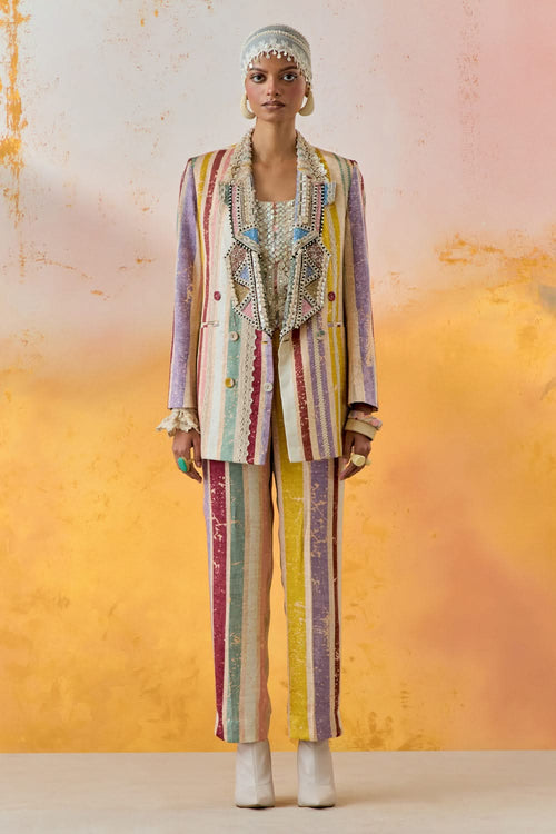 Multi Mural Noori Double Breasted Jacket with Blouse and Straight Trouser