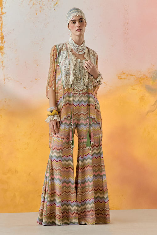 Multi Mural Veni Dupatta Jacket with Blouse and Flare Trouser Set