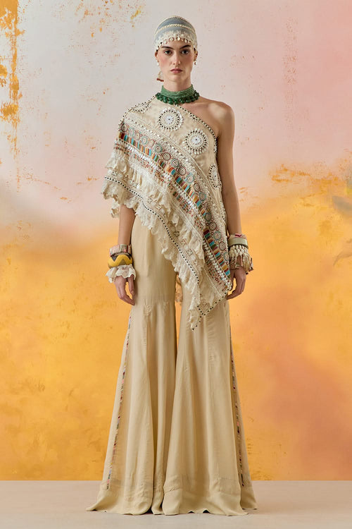 Mogra Mural Rasa One Shoulder Top With Sharara Set