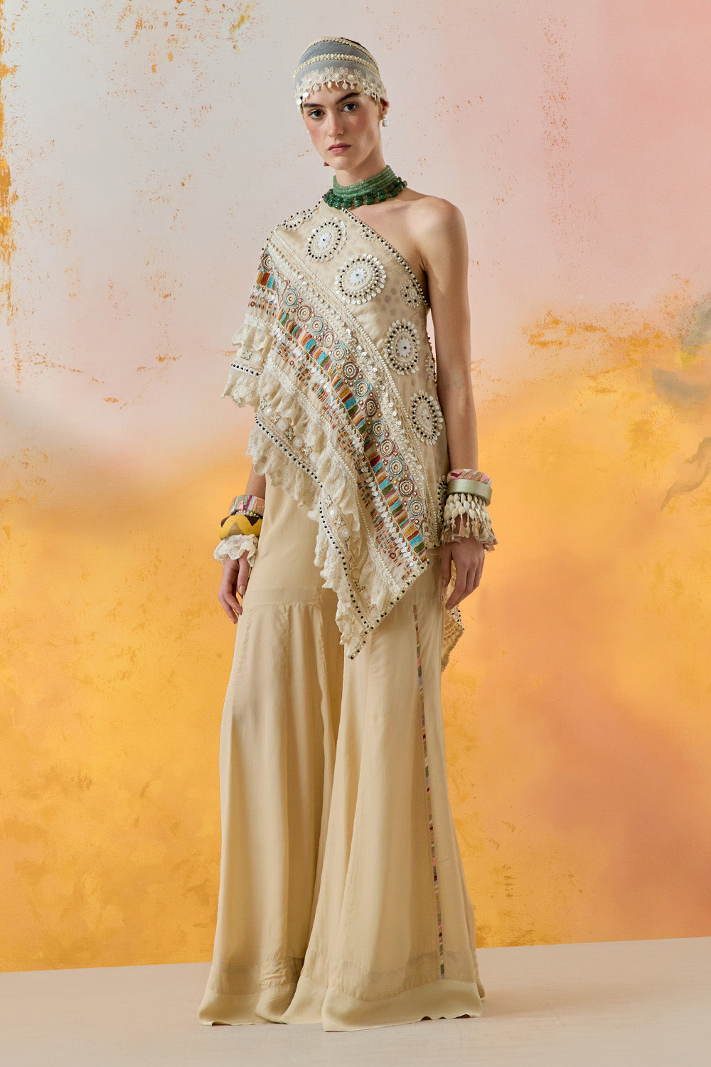 Mogra Mural Rasa One Shoulder Top With Sharara Set