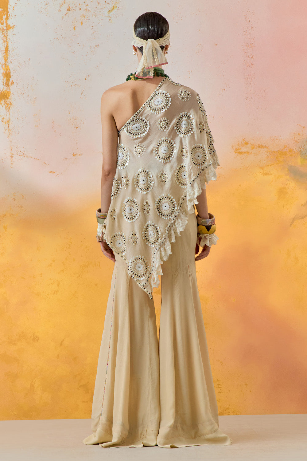 Mogra Mural Rasa One Shoulder Top With Sharara Set