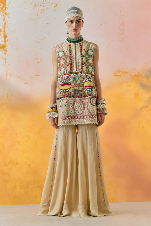 Multi Mural Mehru Embo Dress with Flare Trouser Set