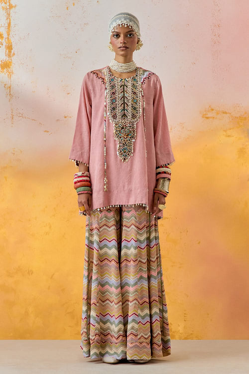 Shell Pink Mural Mitra Short Kurta with Flare Trouser Set