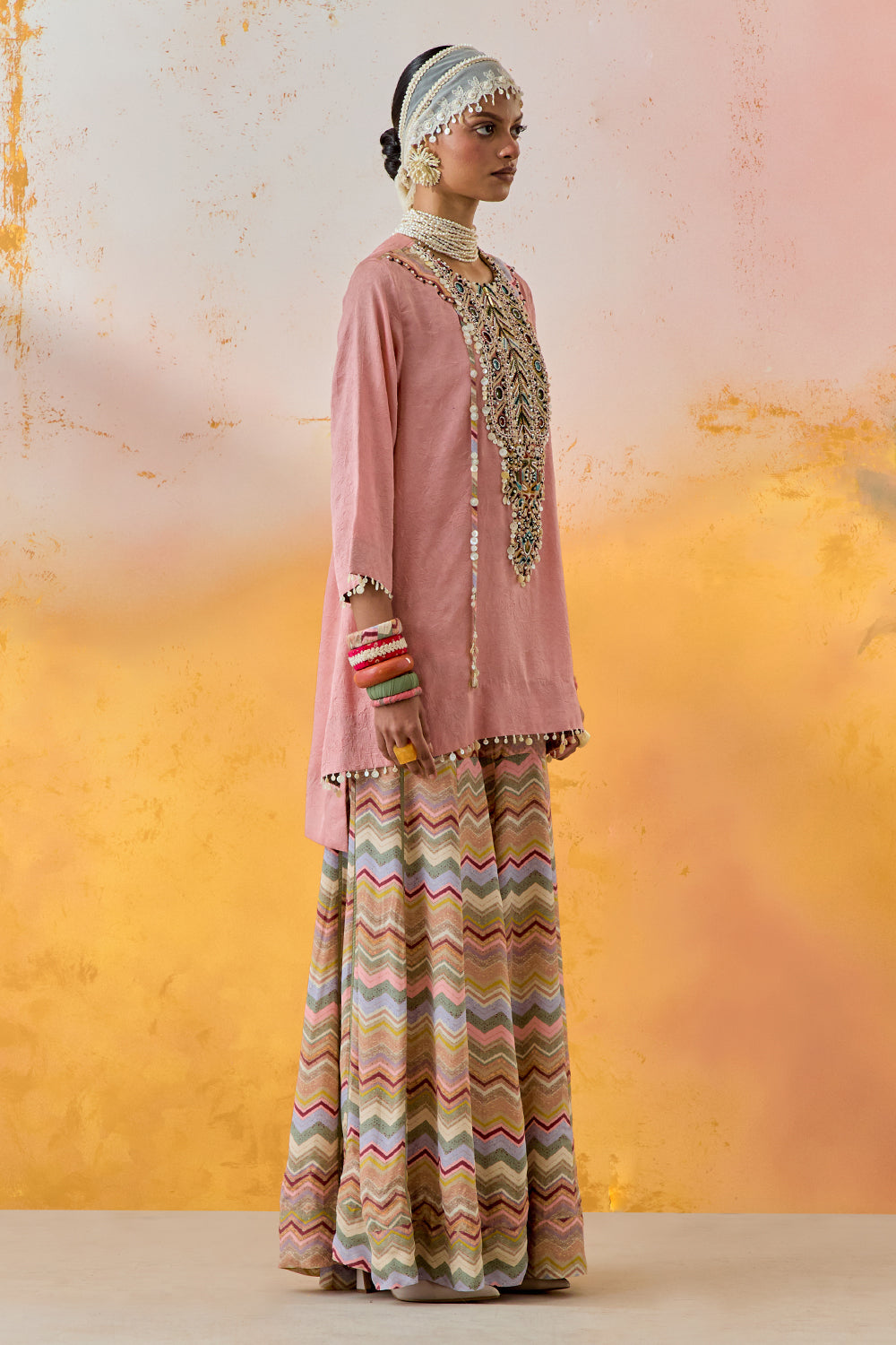 Shell Pink Mural Mitra Short Kurta with Flare Trouser Set