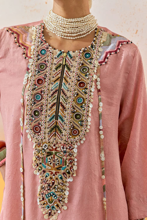 Shell Pink Mural Mitra Short Kurta with Flare Trouser Set