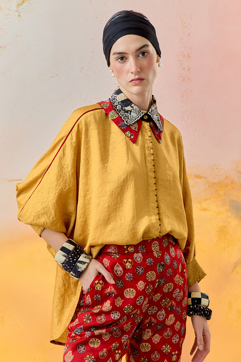 Yellow Topaz Sindoor Mural Mandala Shirt With Straight Trouser Set