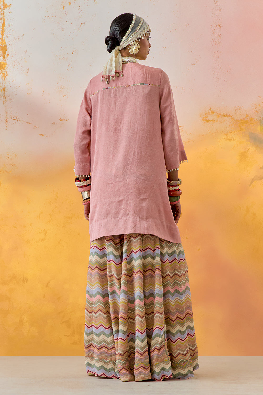 Shell Pink Mural Mitra Short Kurta with Flare Trouser Set