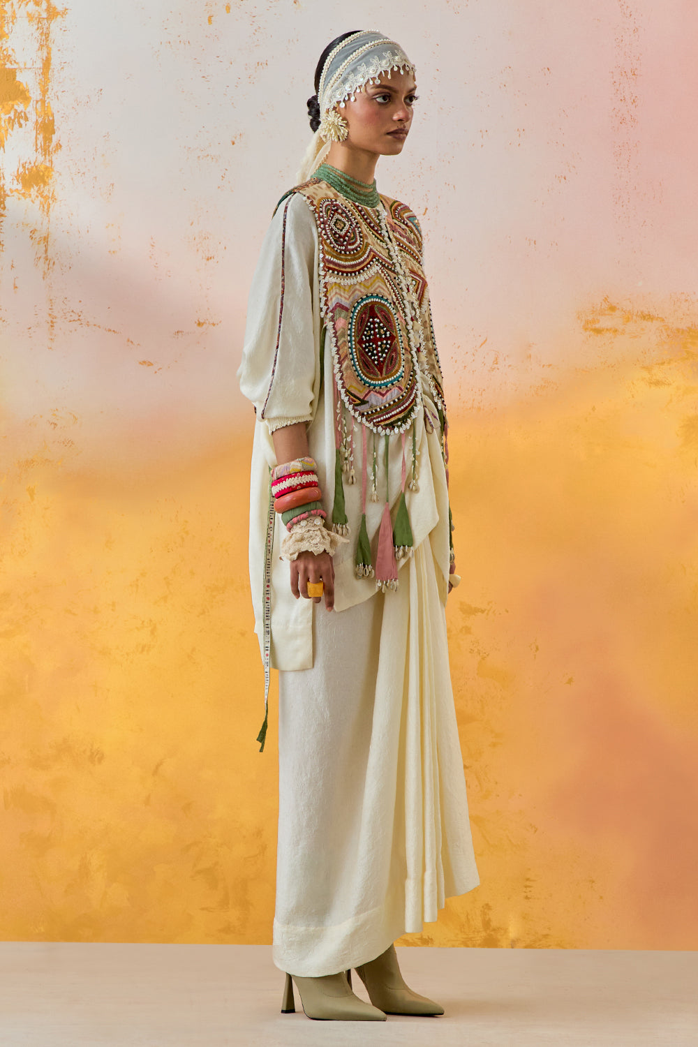 Mogra Mural Zuri Gilet with Kurta and Skirt Set