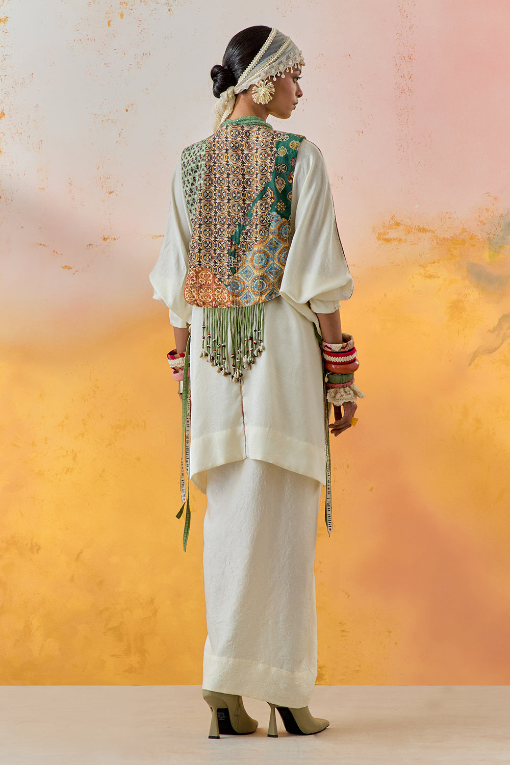 Mogra Mural Zuri Gilet with Kurta and Skirt Set