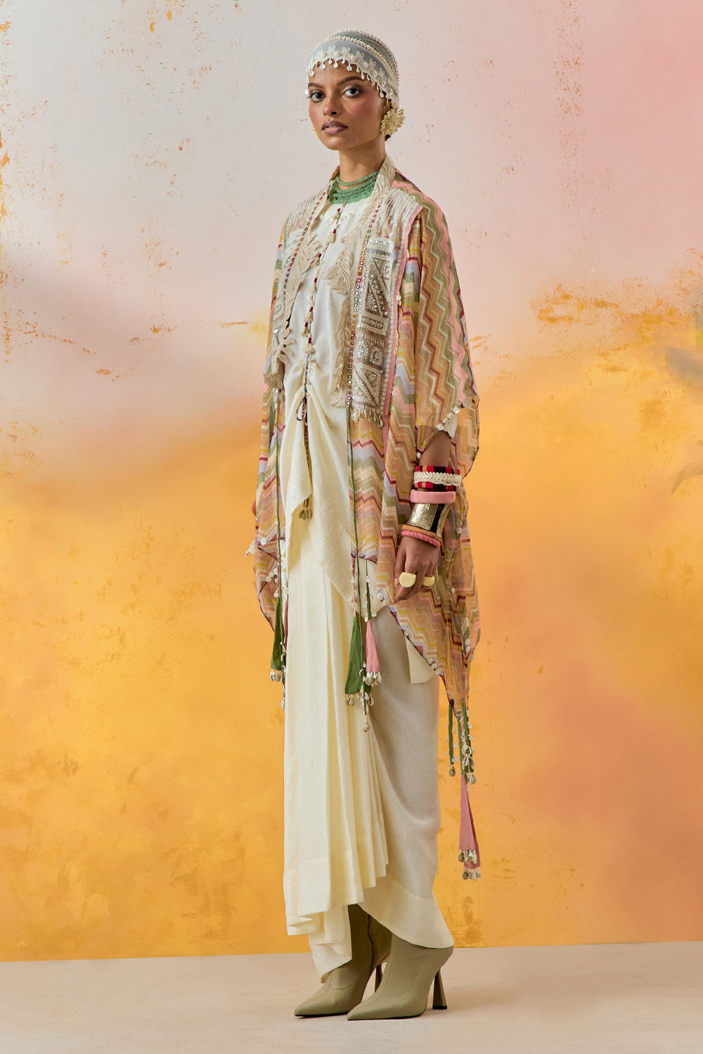 Mogra Mural Veni Dupatta Jacket with Kurta and Skirt Set