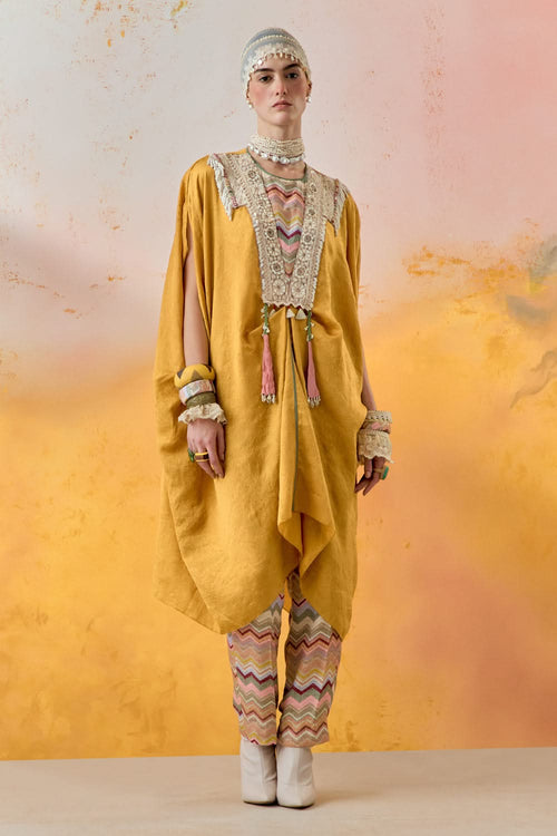 Yellow Topaz Mural Ritu Kaftan Tunic with Straight Trouser Set