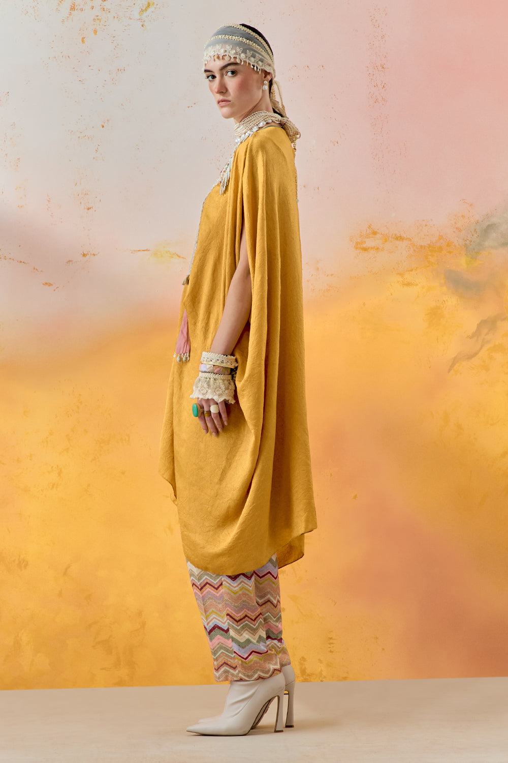 Yellow Topaz Mural Ritu Kaftan Tunic with Straight Trouser Set