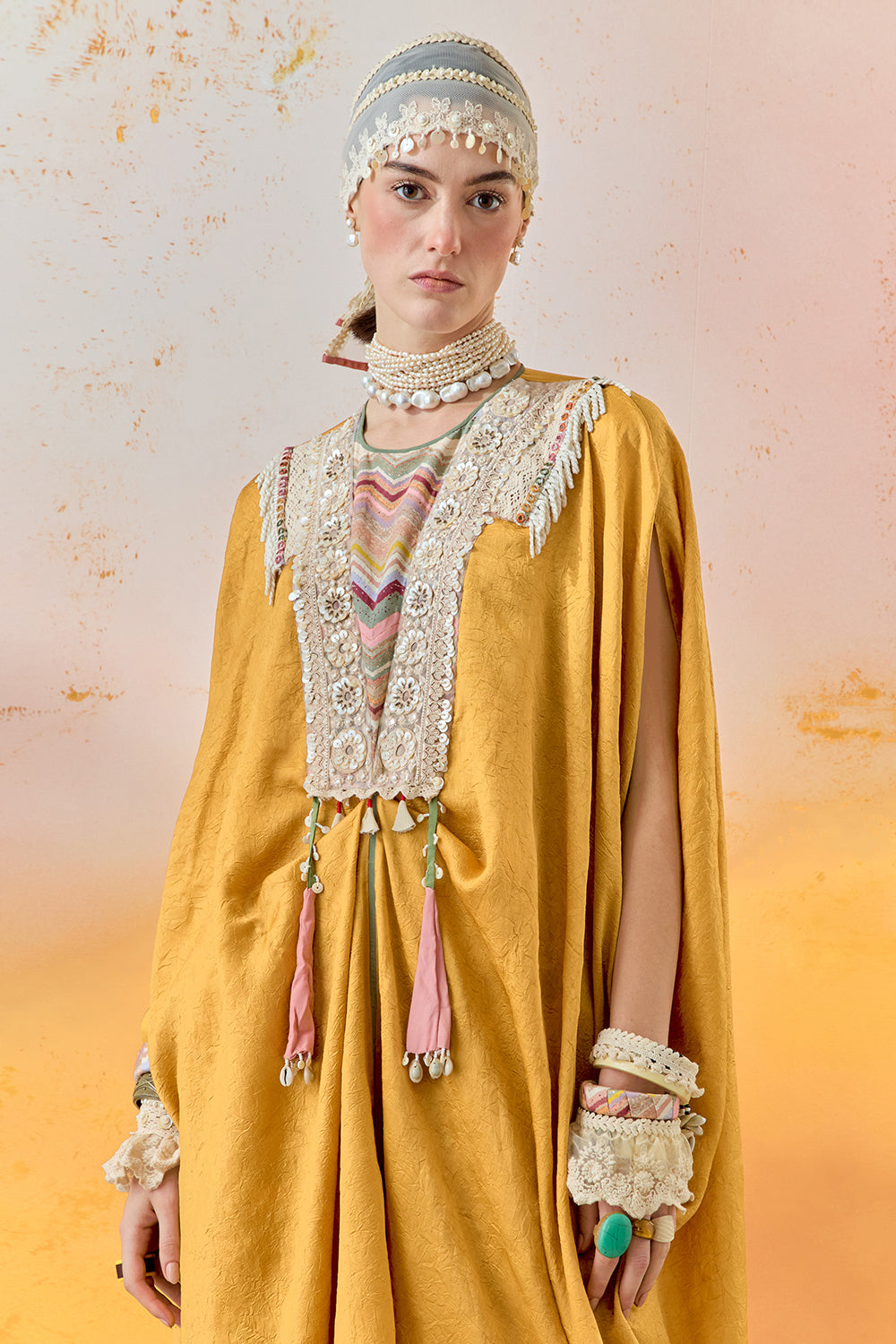 Yellow Topaz Mural Ritu Kaftan Tunic with Straight Trouser Set