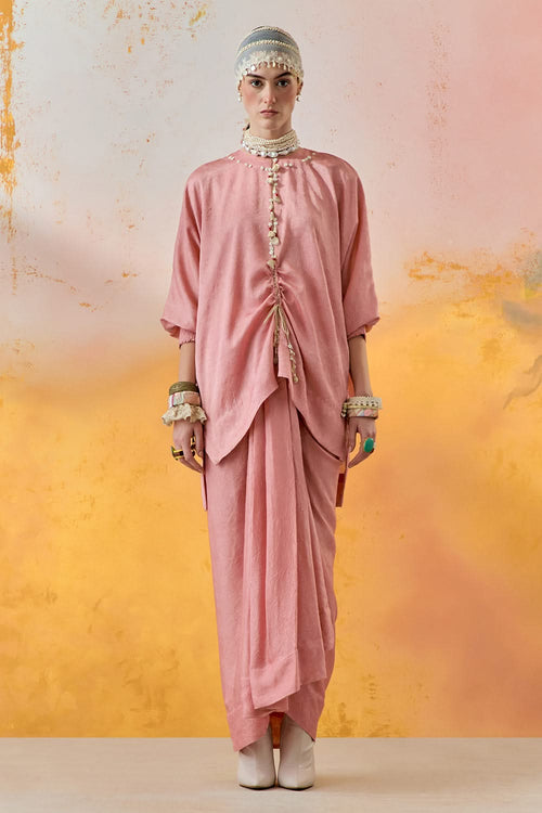 Shell Pink Mural Kuru Trapeze Kurta with Skirt Set