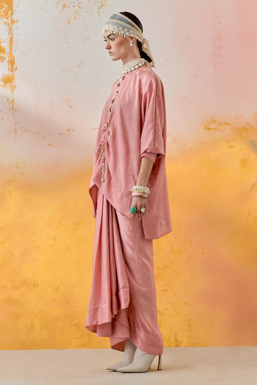 Shell Pink Mural Kuru Trapeze Kurta with Skirt Set